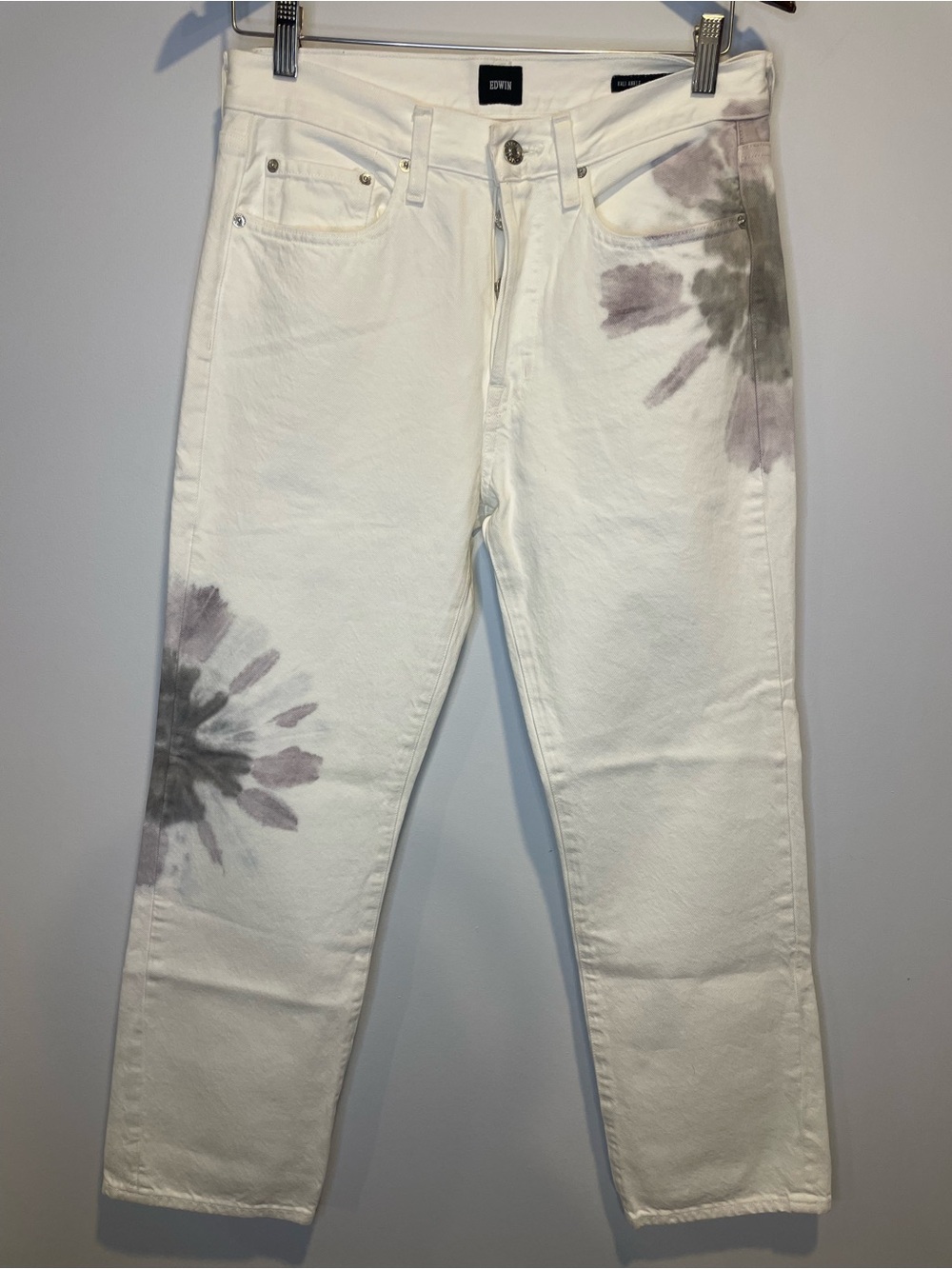 Edwin White Jeans with Gray-Purple Tie-Dye Accents